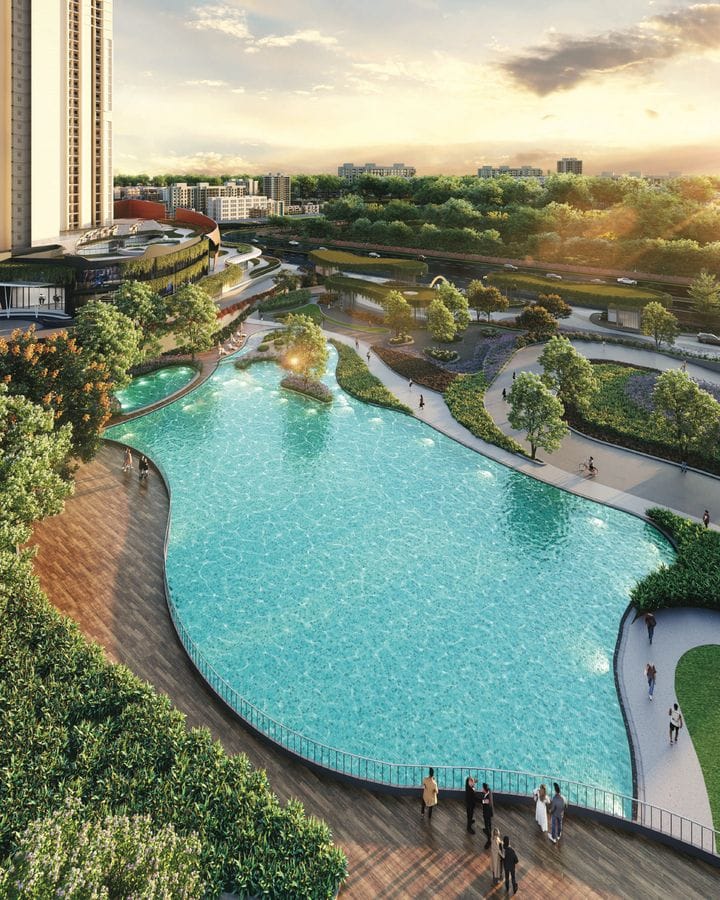 Aerial view of the swimming pool and landscape between the towers, artist's impression