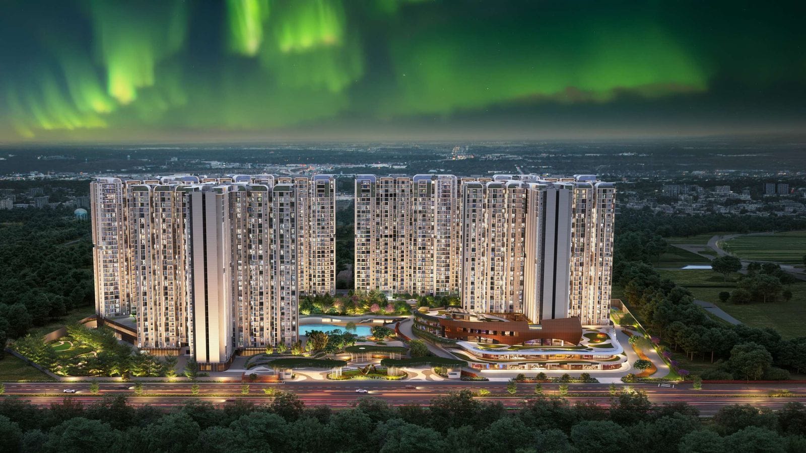 Northern Lights at night under the aurora, the towers lit among the trees, artist's impression