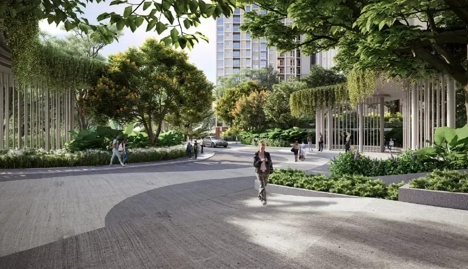 A paved landscaped court with trees and pergolas, artist's impression