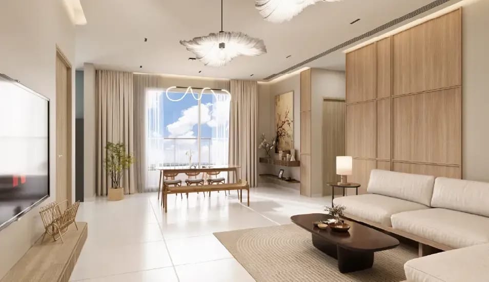 A living room with a lounge set and wood panelling, artist's impression