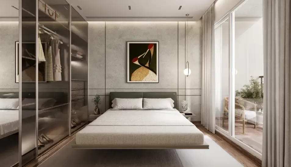 A bedroom with a glass wardrobe and a balcony, artist's impression