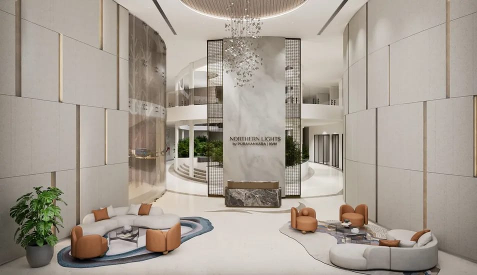 The double height clubhouse lobby with the Northern Lights sign, artist's impression