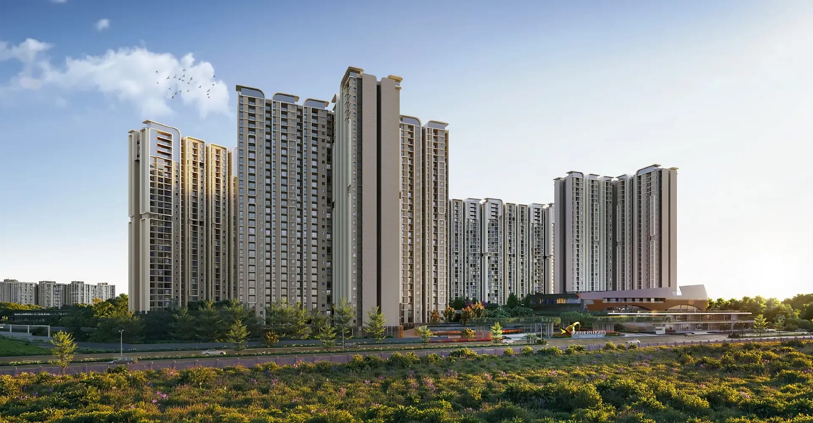 Northern Lights by Puravankara KVN towers above a green field at Bagalur, artist's impression