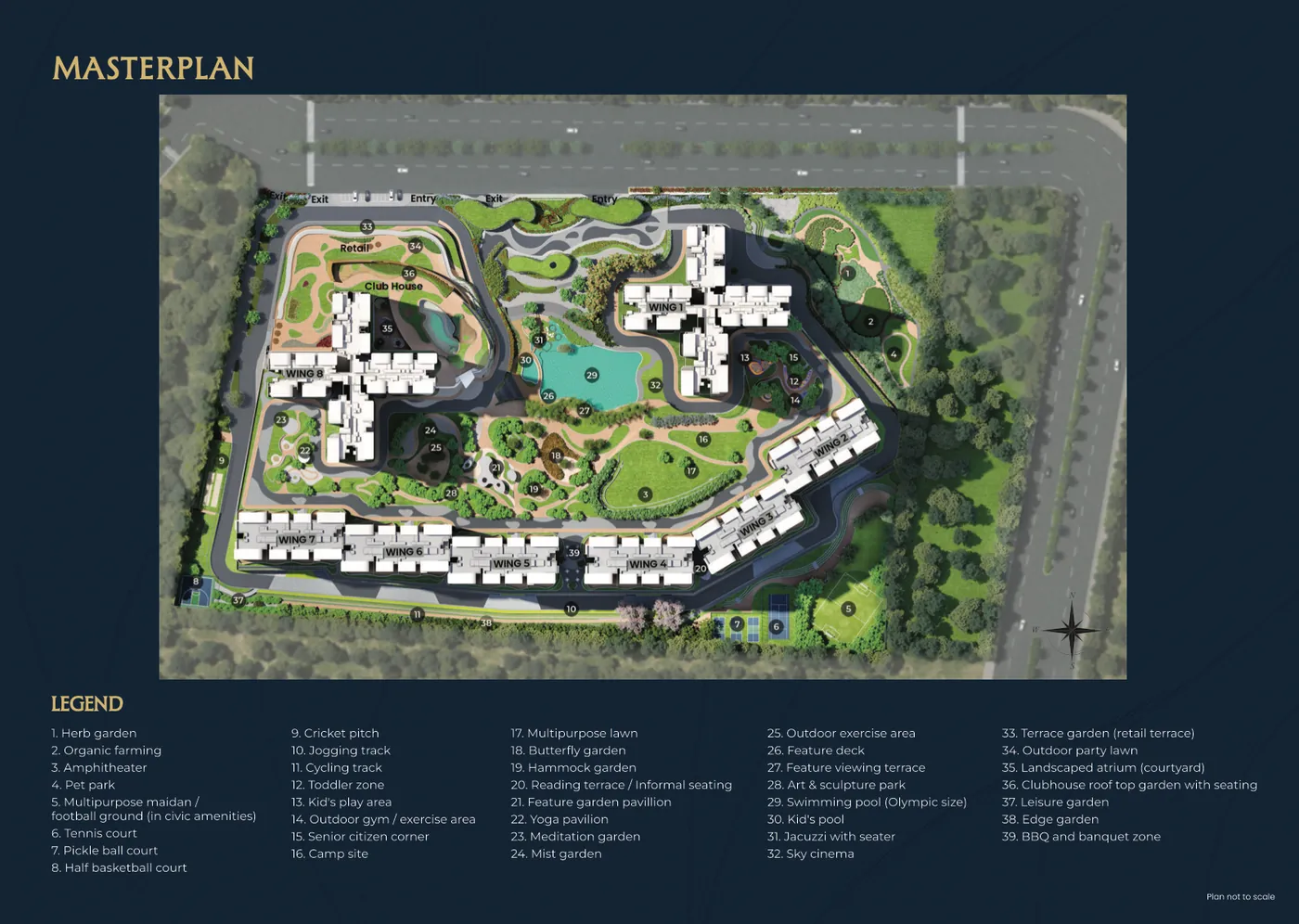 Northern Lights master plan showing 8 wings, the central green, dual clubhouse and retail edge across 24.59 acres